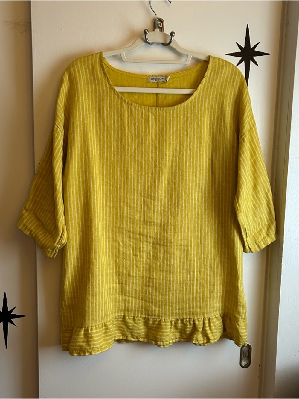 Women's Yellow Striped Linen Tunic with Ruffle Hem